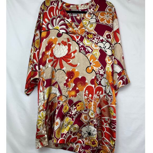 Natori Women's Size Med Red/Orange Floral Print 3/4 Sleeve Kimono Tunic V-Neck - Picture 1 of 10